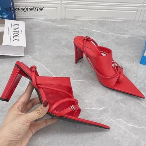 Summer New Style Genuine Leather Soft Pointed Toe Flip-flops Thick Heel Buckle Temperament Sexy Ladies High-heeled Sandals