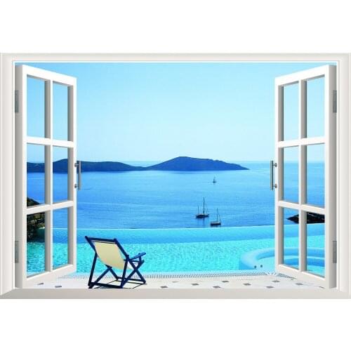 Sunshine Beach Chair Resorts 3D Window View Removable Wall Art Sticker Vinyl Decal Mural Decor Sailing Boat Mountain