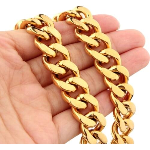 Heavy Punk Jewelry 15mm Mens Jewelry 316L Stainless Steel Gold Color High Polished Cuban Chain Necklace&Bracelet
