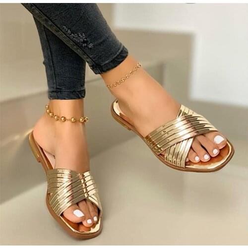 Concise Cross band slippers women sandals flip flops summer beach ladies shoes pantuflas flat rose gold slides plus size 40-43