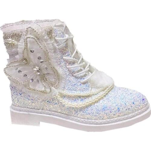 Inside brightening white butterfly pointed high-top womens shoes Martin boots thick bottom Bowknot Princess Kawaii Girl Women