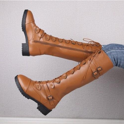Women Metal Buckle Knee High Boots Womens Roman Lace Up Shoes Woman Cool Low Heel Female Boot Ladies Leather Footwear Plus Size