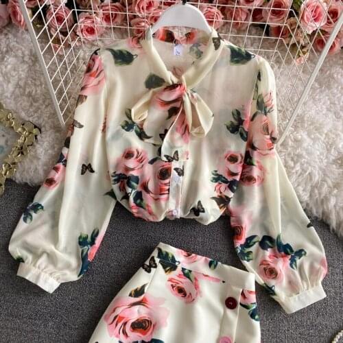Spring New Women Elegant Rose Flower Print Blouse Clothing Suit Long Puff Sleeve Bow Collar Shirts+Button Mini Skirt 2 Piece Set