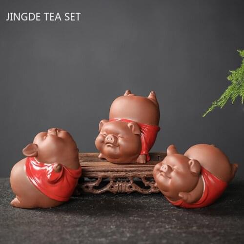 1PCS Creativity Handmade Purple Clay Tea Pet Happy Piggy Statue Ornaments Desktop Crafts Chinese Tea Set Decoration Accessories