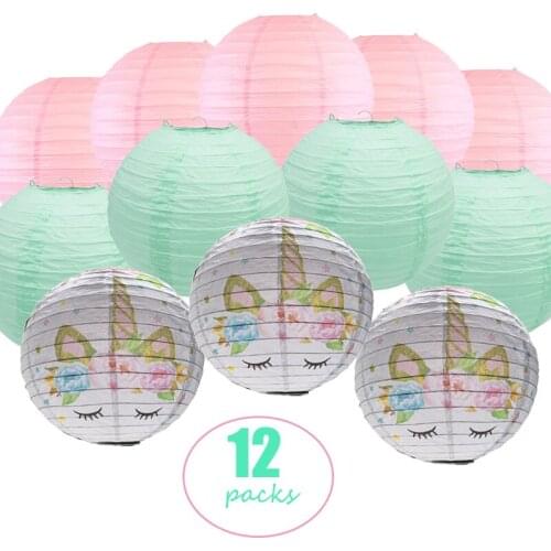 12 Pcs/set 10" Mint Green Pink Unicorn Paper lantern lampion for Babyshower Birthday Party lanterne Unicorn Theme Hanging Decor