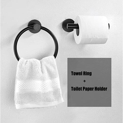 2Pcs Bathroom Hardware Black Towel Ring and Toilet Paper Holder Stainless Steel Bathroom Hand Towel Holder Towel
