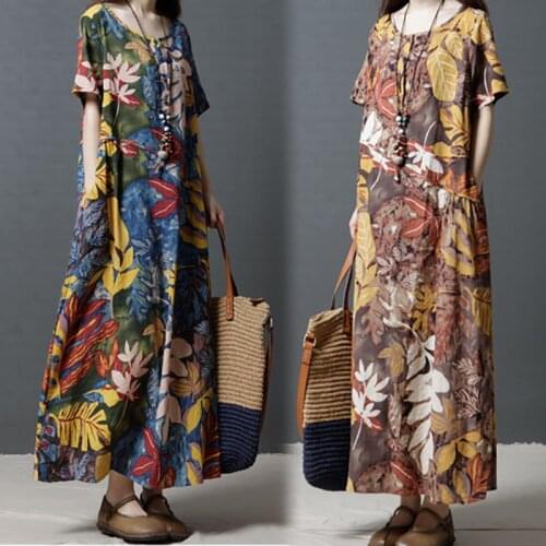 2019 New Vintage Women Floral Dress Plus Size short Sleeves Pockets Femme Summer Cotton Linen Loos Shirt Long Dresses Vestidos