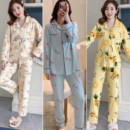 Home Ladies Spring Pajamas Set Printed Long Sleeve Pants Lapel Comfortable Cotton Can’t Play Casual Cute Cartoon Buttons 2021
