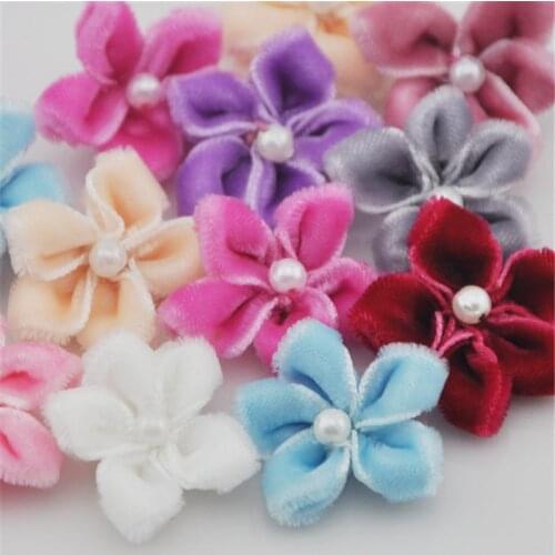 40pcs U pick Velet Ribbon Flower Bauhinia W/pearl Appliques Wedding E25