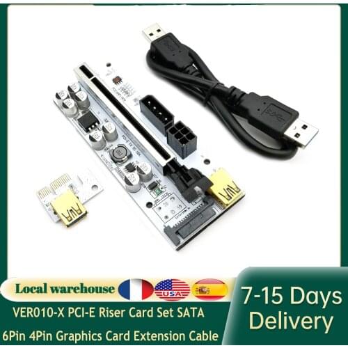 VER010-X PCI-E Riser Card Set SATA 6Pin 4Pin Graphics Card Extension Cable PCIE X1 to X16 Adapter Board for Mining Red