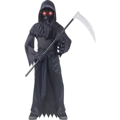 Kids Halloween Cosplay Death Costumes Devil Prop Luminous Glasses + Death Sickle Props + Death Uniforms Boy Girl Party