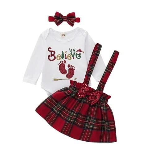 Hot Sale 0-18M Baby Xmas 3Pcs Clothes Set Infant Babies Girls Kids Christmas Long Sleeve Bodysuit Strap Skirt Party Clothing Set