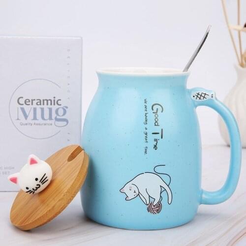 Cute cat coffee mug milk cereal tumbler cups with lids spoon ceramic coffe cup Cartoon funny pink creativas tazas tumblers