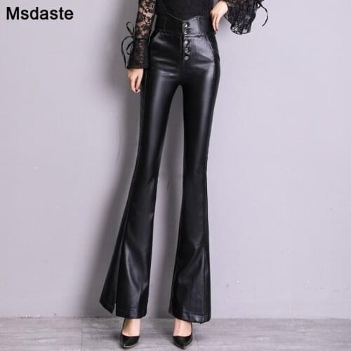 Pu Flare Pants Women High Waist Bodycon Bell Bottom Pants Casual Faux Leather Lady Trousers Mujer Pantalones Capris Pu Pants