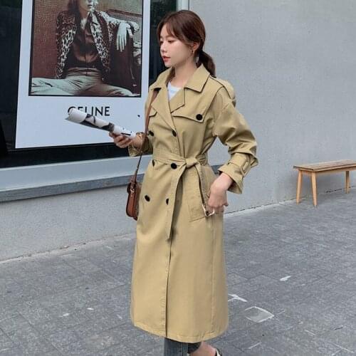 Trendy Casual Female Double Breasted Slim Long Trench Coat with Belt Spring Autumn Women Solid Color Windbreaker Outwear