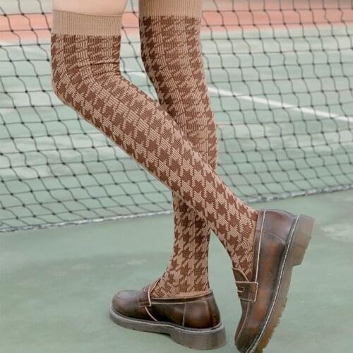 Retro Houndstooth Patterned Stay Up Thigh High Knit Stockings