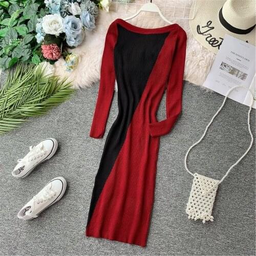 Vintage Patchwork Off Shoulder Slim Autumn Winter Bodycon Knit Sweater Midi Long Dress Party Women Casual Long Sleeve Vestidos