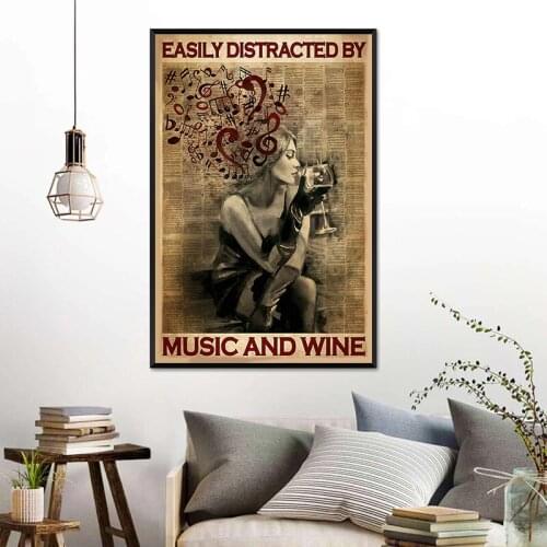 Easily Distracted By Music and Wine Vintage Poster Beauty Retro Prints Bar Pub Wall Decoration Picture Kitchen Canvas Painting