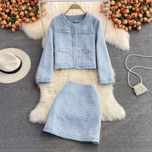 Elegant Plaid Tweed Jackets Skirts 2 Piece Set Women O-neck Long Sleeve Tassel Cropped Coats High Waist Skirt Outfits Female