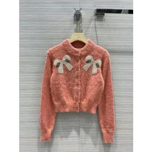 Runway Fashion Luxury Knitwear Cardigan Women Brand Design New Winter Ladies Beading Bow Single Breasted Clothes 2021