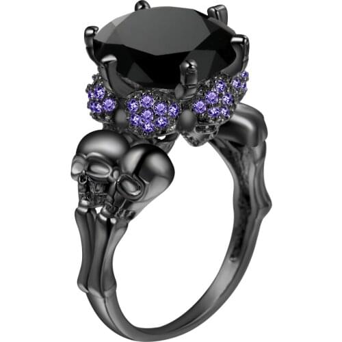 Womens Skull Ring Rhodium Plated Princess cut 10mm Black Zircon Womens Wedding Ring Punk Jewelry Size 6-10