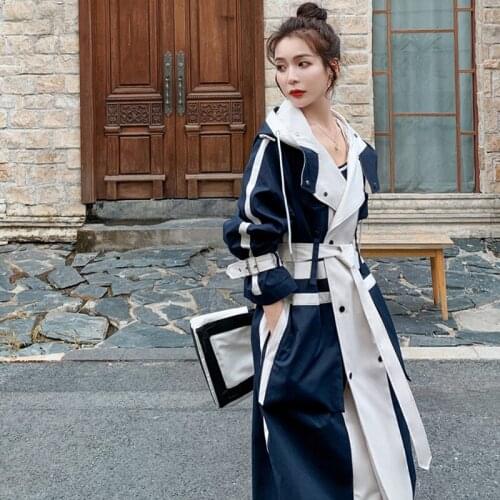 Goddess Fan Mid-Length Hooded Stitching British Style Over The Knee Loose Thin High-End Temperament Explosion-Proof Coat MMZZ02