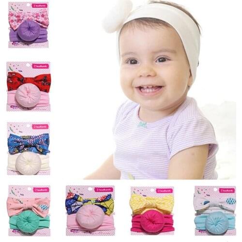 2Pcs/Set Cute Donut Baby Girl Headband Solid Color Floral Kids Headwear Printed Bow Elastic Newborn Baby Hair Accessories Set