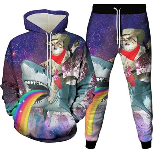 Men Fashion Animal Monkey Deer Lion Bear Sheep Eagle Shark Cat Rabbit Print Clothes Set Women Hoodie+Trousers Tracksuit 2Pc