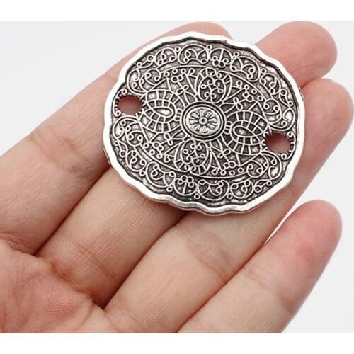 5pcs Tibetan Silver/Bronze Oval Disc Connectors Bohemia Boho Flower Pendant For Bracelet Jewelry Findings Accessories