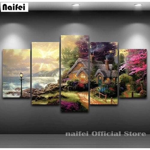 5d diy Diamond Painting Seaside scenery cottage 5 pcs Full square round Drill Crystal Diamond Embroidery Mosaic Cross Stitch kit