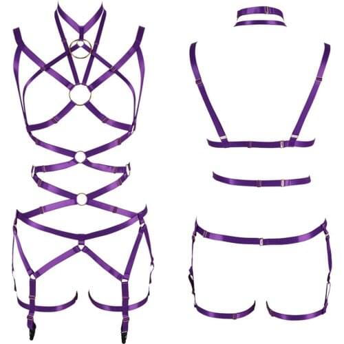 Open Chest Harness Bra Sexy Lingerie Set Purple Body Cage Pastel Goth High Waist Leg Garter Suspender Bondage Prom Dance Wear