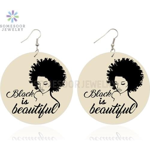 SOMESOOR Double Sides Print Beautiful Black Girl African Wooden Drop Earrings Afro Natural Hair Design Jewelry For Women Gifts