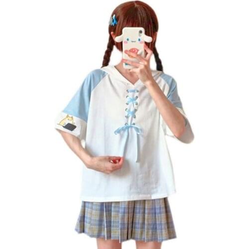 Summer Japanese Harajuku Cute Dog Print Women Hooded T Shirt Ribbon Lace Up Split Sleeves Tee Tops Mori Kawaii Teen Girl T-shirt