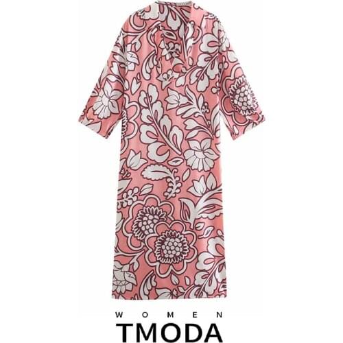 TMODA1872 Za 2021 Summer Women Chic Floral Dress Long Pink Dress Ladies Vintage Elegant Puff Sleeve Midi Casual Dresses Female