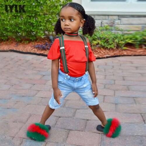 Summer Soft Fox Fur Slippers Girls Fashion Fluffy Flat Shoes Childrens Non-Slip Furry Flip Flops Kids Luxury Cute Plush Slides