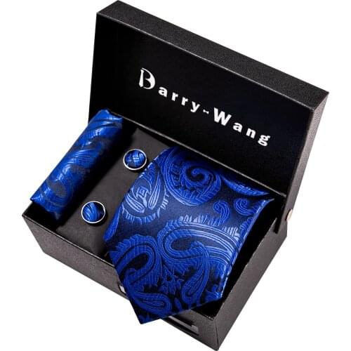 Fashion Blue Silk Necktie Jacquard Woven Floral Ties For Men Tie Handkerchief cufflink set Barry.Wang Fashion Designer FN-5275