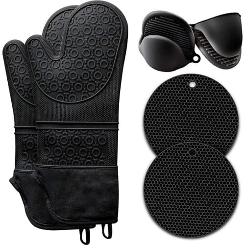Extra Long Silicone Oven Mitts And Pot Holders Set, Heat Resistant Oven Mitt With Hot Pads And Mini Oven Gloves