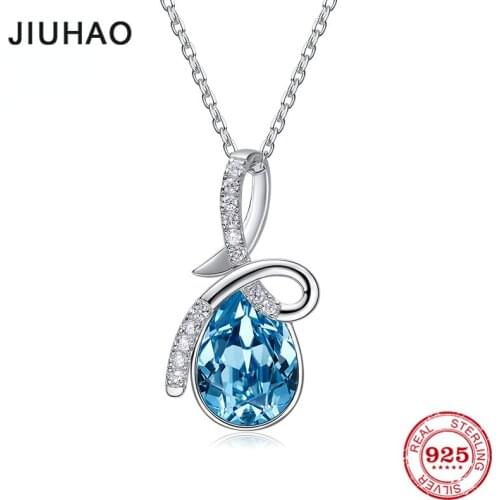 New Arrival water Drop shape 925 Sterling Silver with Bright blue crystal Chain Link Pendant Necklaces for Women Fine Jewelry