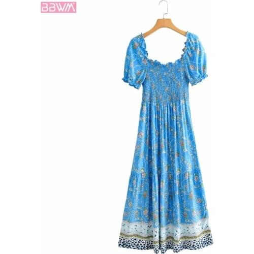Sexy Women Square Neck Short Sleeve Open Back Blue Printed Dress Vintage Slim Puff Sleeves Middle Length Chic Female Dress Mujer
