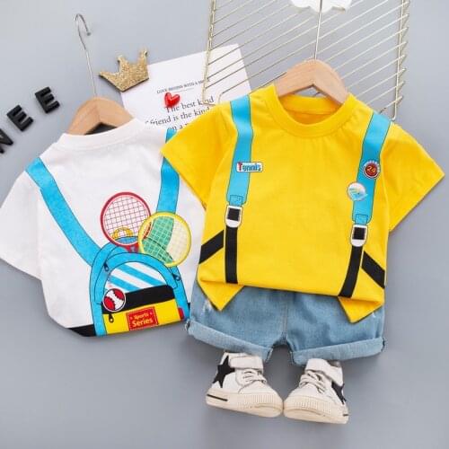 2021 Backpack Print Pattern Summer Baby Boys O-neck T-shirt+denim Shorts 2Piece Set Toddler Girls Fashion Casual Sports Clothing