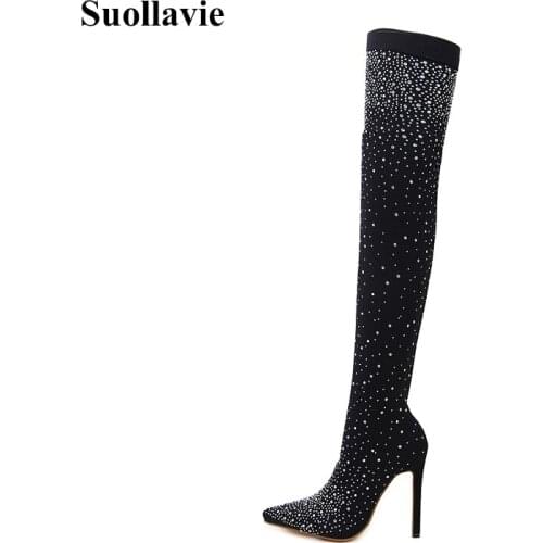 Suollavie 2020 fashion Sock boots luxury crystal Over-the-Knee boots women Stretch Fabric women shoes pionted toe thin high heel
