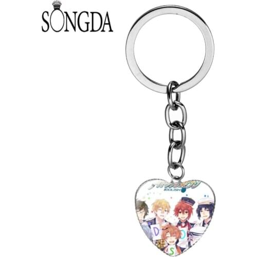 SONGDA Anime IDOLISH7 Boys Girl Heart Shape Keychain Convex Glass Surface Keyring Fashion Anime Pattern Handbag Pendant Jewelry