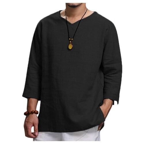 Loose Linen T-Shirt Tops M-4Xl New Mens V Neck Cotton Linen T Shirts Male Breathable Solid Color Long Sleeve Casual