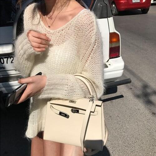 Loose Thin Women Pullovers Sweater Lady Deep V Neck Hollow Out Knit Casual Top Retro Jumpers Korean Style