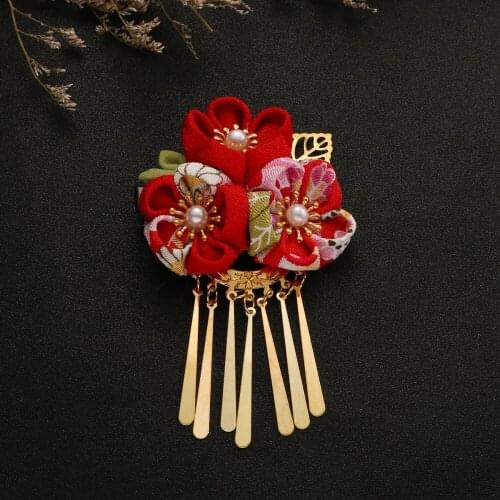 Japanese Style Hair Clips Hair Flower Shaped Barrette Headdress Kimono Accessories Red