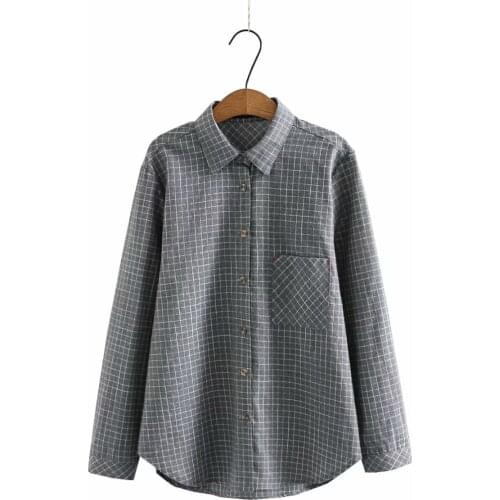 Oversized shirt pocket turn-down collar plaid womens blouses new 2021 cotton spring autumn Womens long sleeve top dark gray