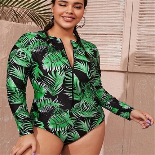 Long Sleeve Women Bathing Suit Printed Leaf Monokini Zipped One Piece Swimwear Plus Size Beachwear New Costume 3XL 4XL