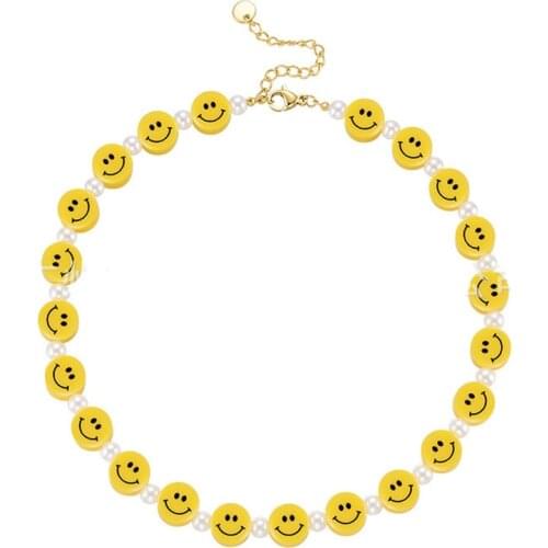 Happy smile face beads choker necklaces for women pearl strand clavicle necklace for teenage egirls y2k jewelry summer dropship