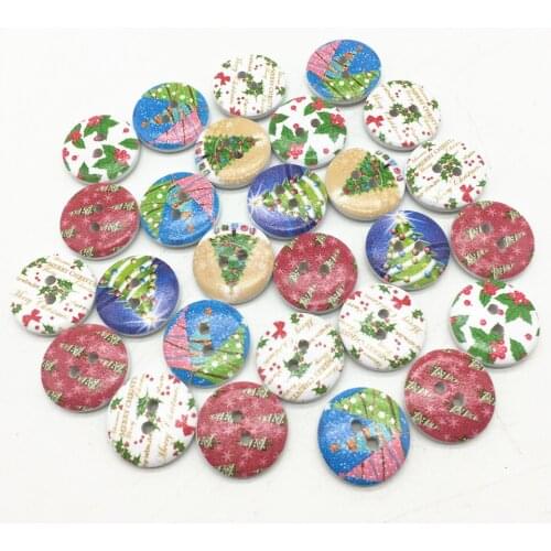 100pcs 15mm/20mm Round Wood Buttons Christmas Tree Mixed 2 Holes DIY Sewing Button Embellishments For Christmas Crafts