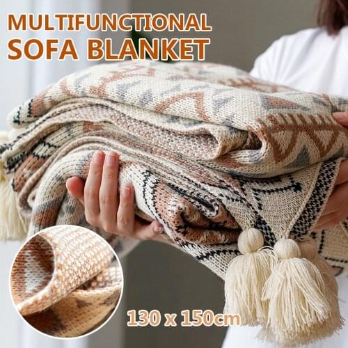 1Pcs Bohemian Style Blanket Geometric Pattern Jacquard Tassel Knit Soft Sofa Blanket Bedding Tapestry Home Decoration 130x150cm